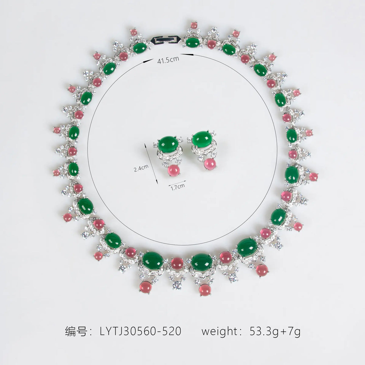 Parure collier et boucles d'oreilles de luxe en cristal vert émeraude et rouge rubis