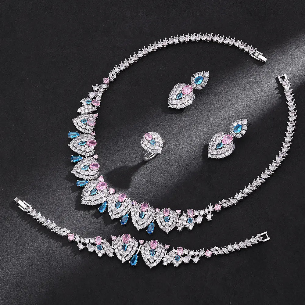 Luxury Heart Shape Crystal Jewelry Set Blue Pink Zircon Necklace Earrings Ring Bridal Statement Set for Women