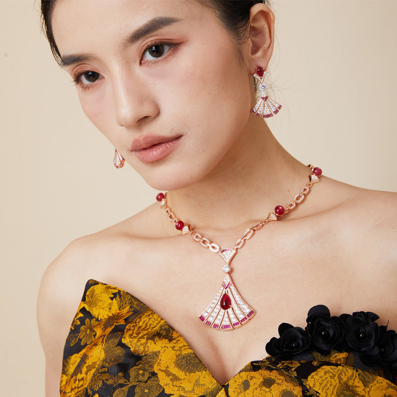 Fashion Copper Gold Plated Gemstone Fan Necklace