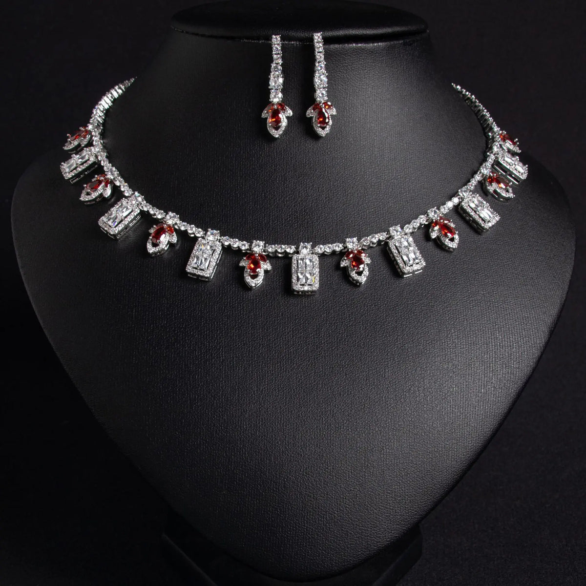 Luxury Ruby Red Baguette Crystal Necklace Set for Women – Geometric Drop Jewelry with Matching Earrings