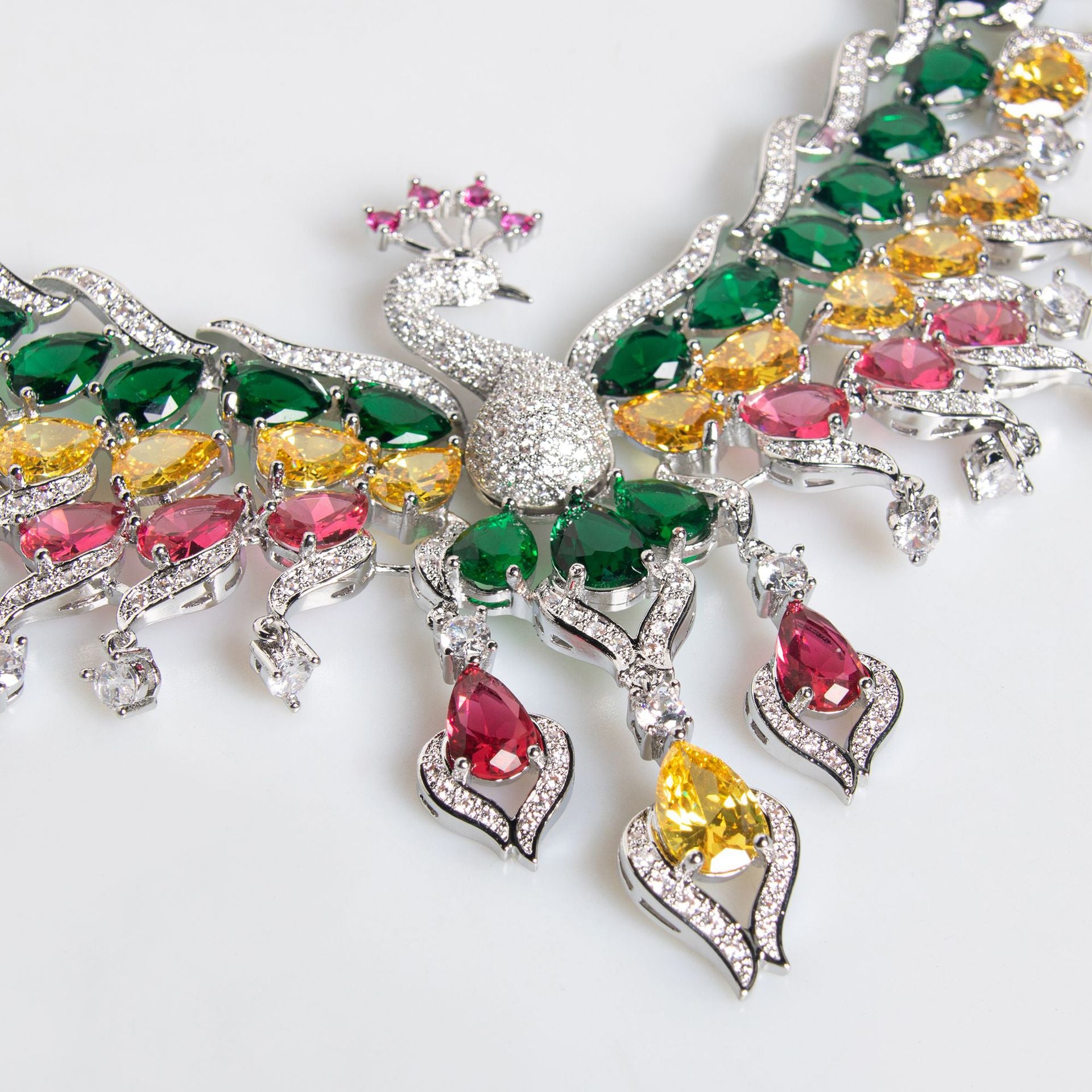 Luxury Multicolor Peacock Crystal Necklace and Earrings Jewelry Set