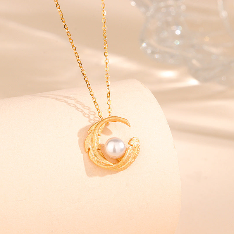 S925 Sterling Silver Gold Plated Feather Pearl Necklace