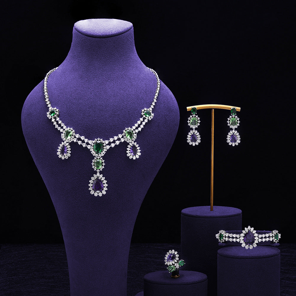 Luxury Purple Green Crystal Necklace Earrings Bracelet Ring Jewelry Set