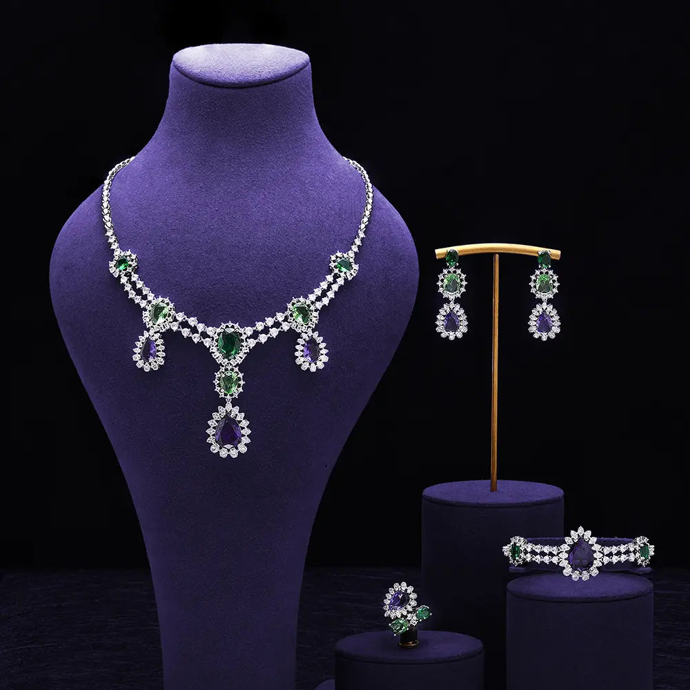 Luxus Lila Grüne Kristall Halskette Ohrringe Armband Ring Schmuckset