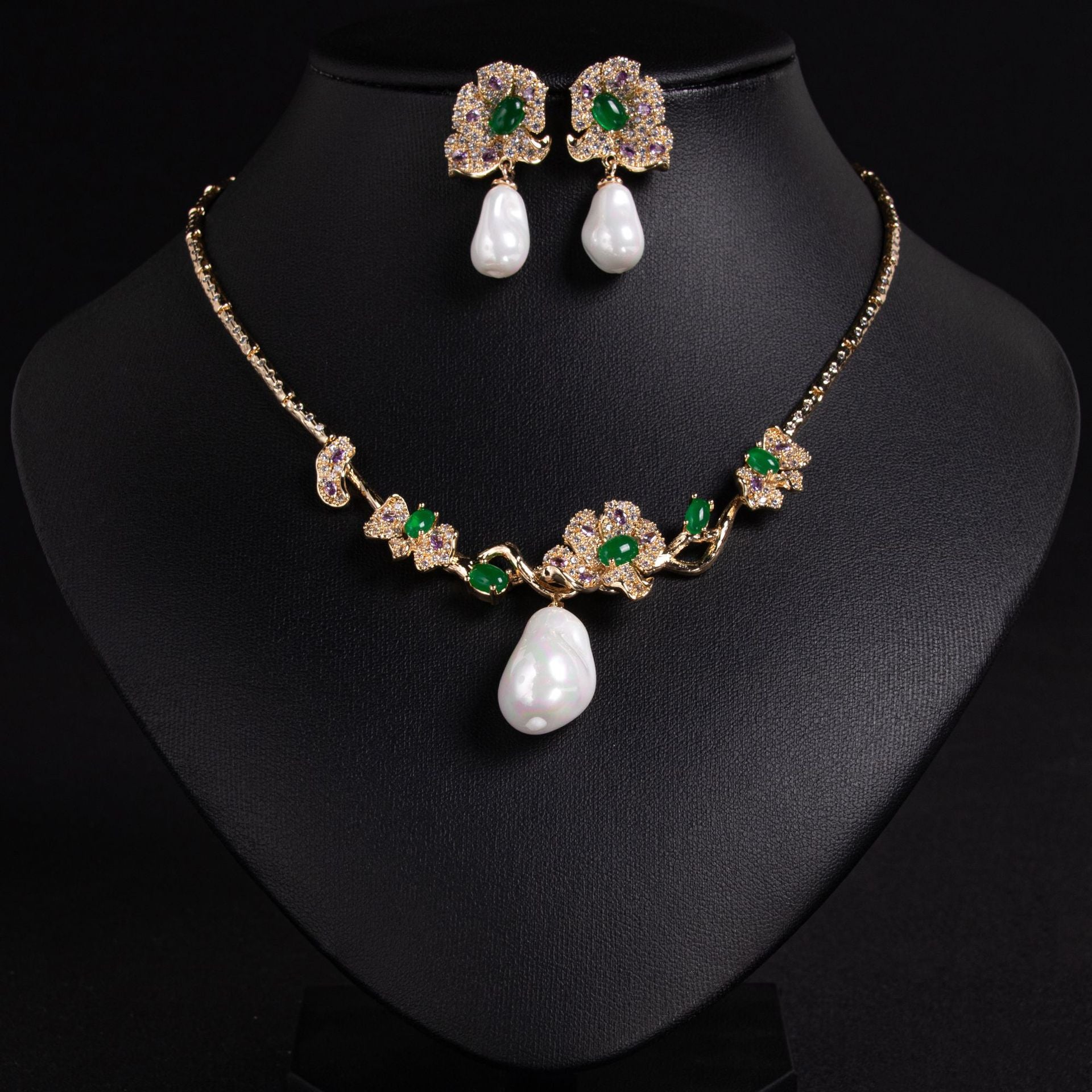 Cold wind collarbone chain earrings flower zircon necklace set