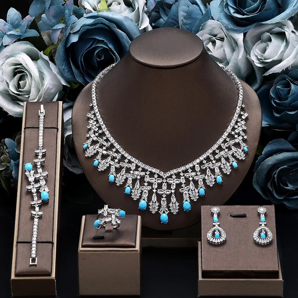 Luxury Silver Crystal Turquoise Blue Jewelry Set Necklace Earrings Ring Bracelet Bridal Wedding Statement Set for Women