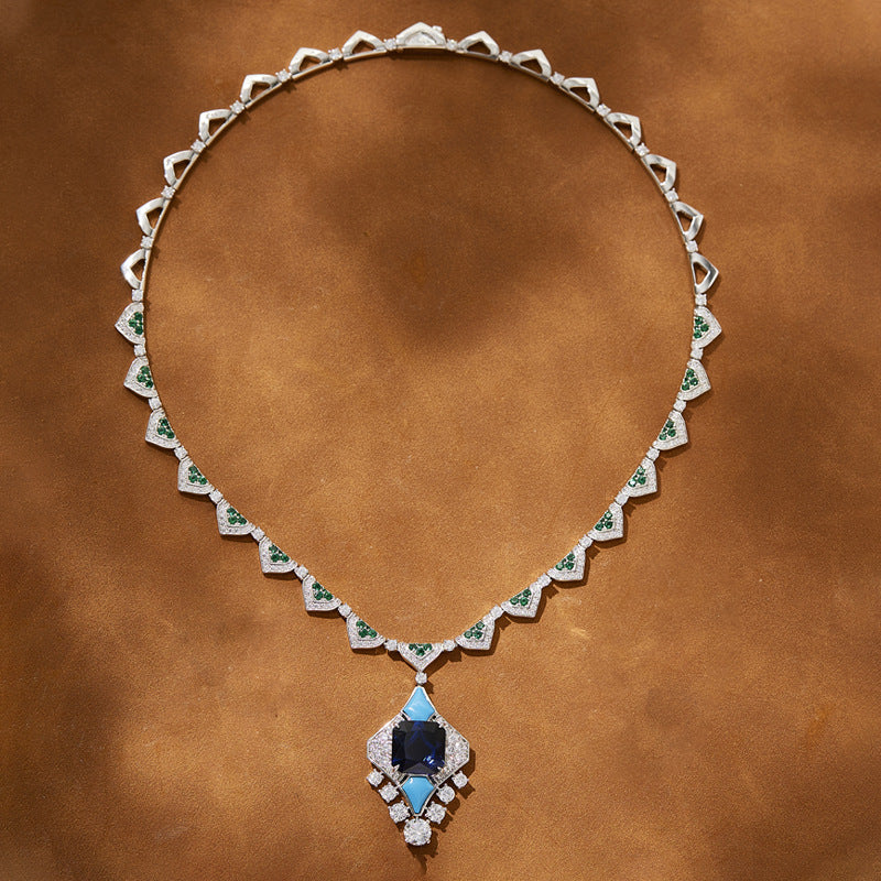 Gold-plated blue square gemstone necklace