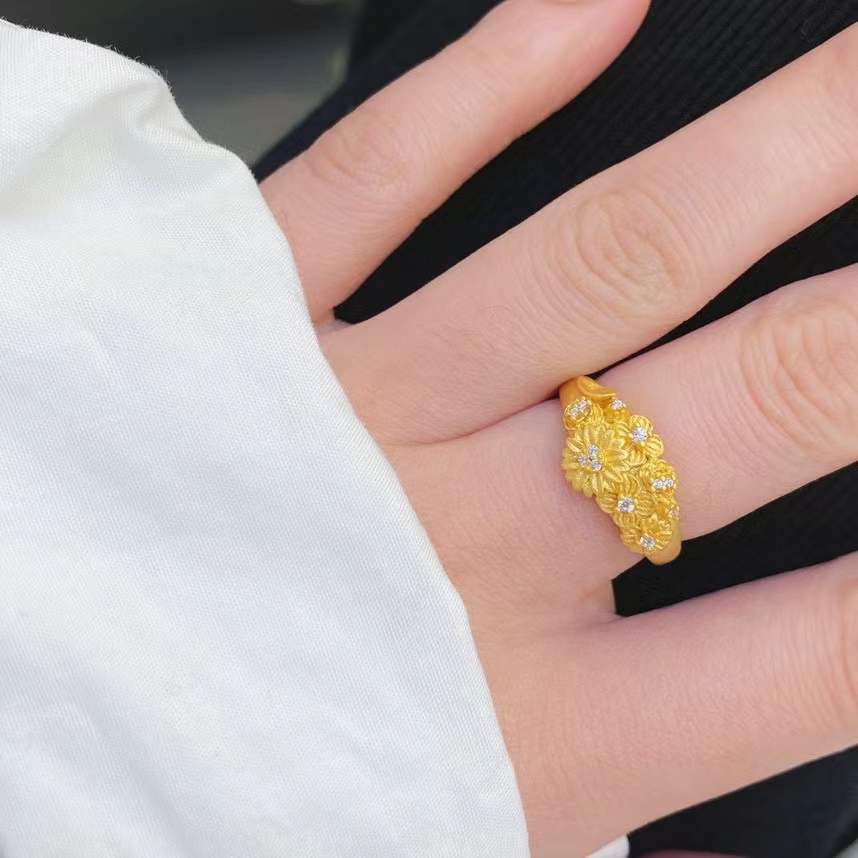 S925 Sterling Silver Gold Brushed Flower Ring
