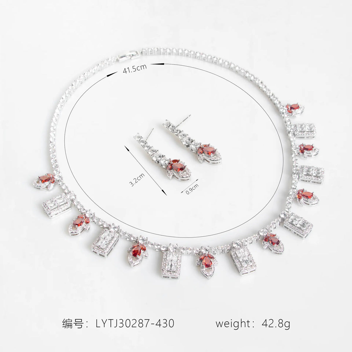 Luxury Ruby Red Baguette Crystal Necklace Set for Women – Geometric Drop Jewelry with Matching Earrings