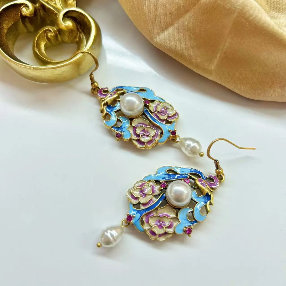 Boucles d'oreilles de style cour, émail cloisonné, oiseau coloré, style national