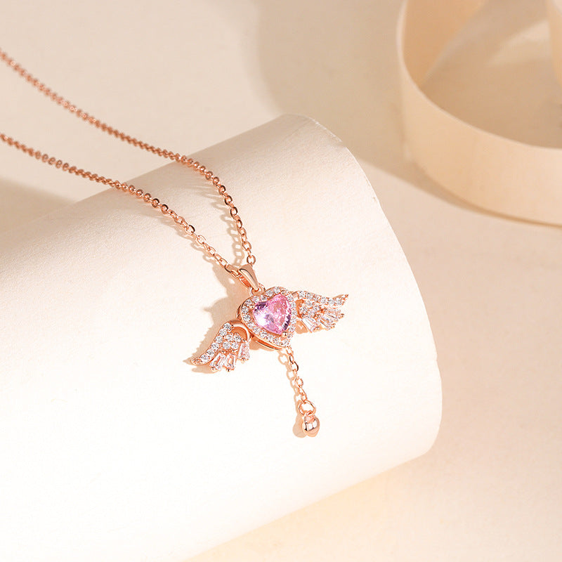 S925 Sterling Silver Pink Diamond Cupid Heart Necklace