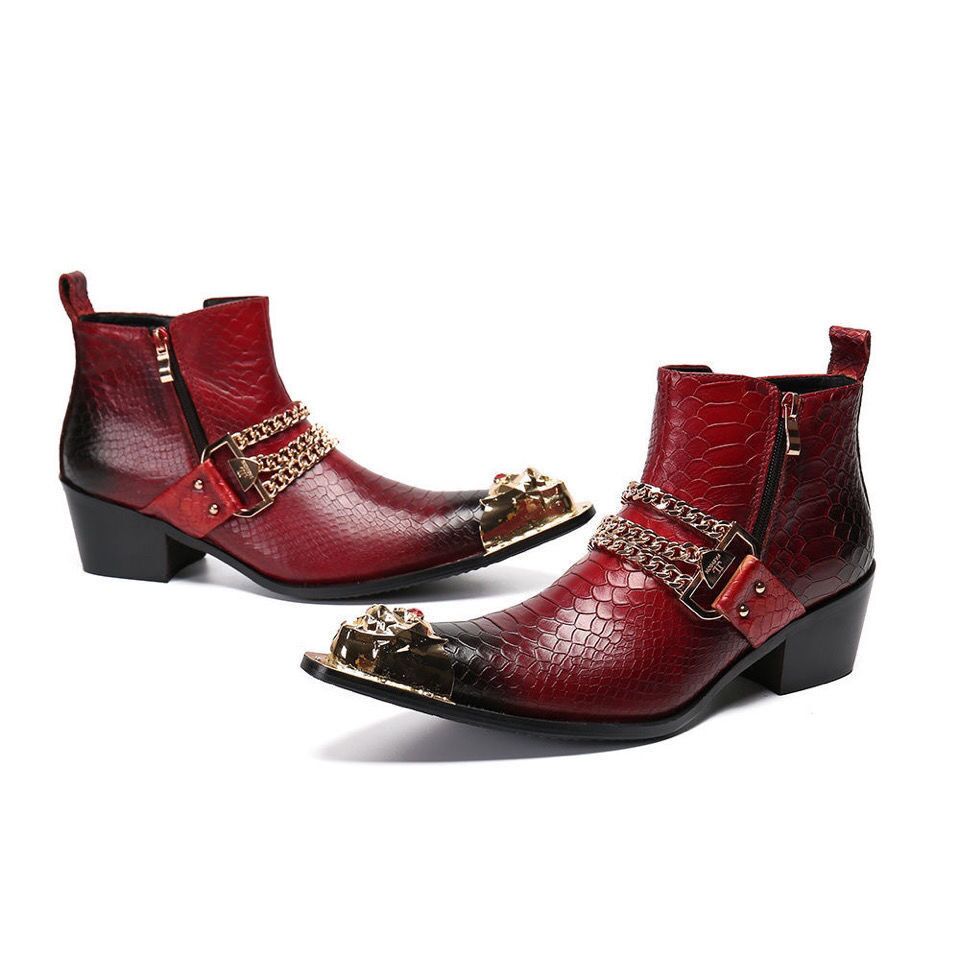 Red Leather Men Shoes Boots High Boots Metal Pointed Toe Shoes Men