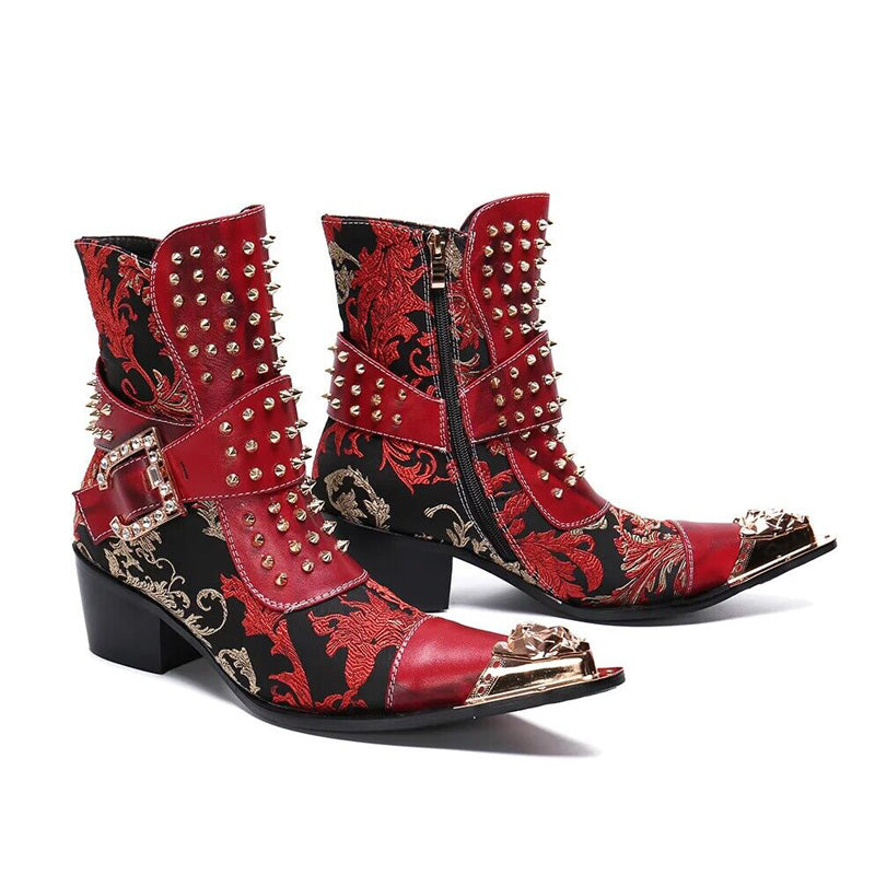 Black high-heeled embroidered pointed men's leather boots