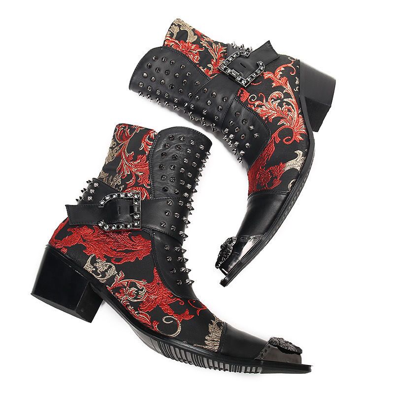 Black high-heeled embroidered pointed men's leather boots
