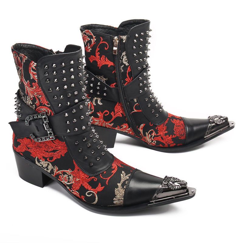 Black high-heeled embroidered pointed men's leather boots
