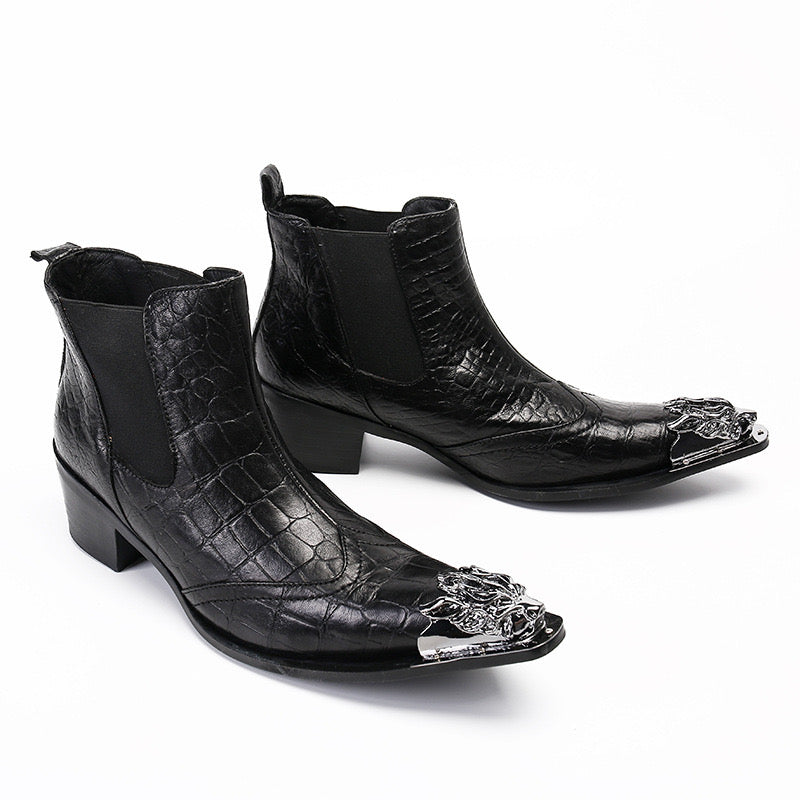 Black textured leather boots men's business shoes pointed cowboy boots