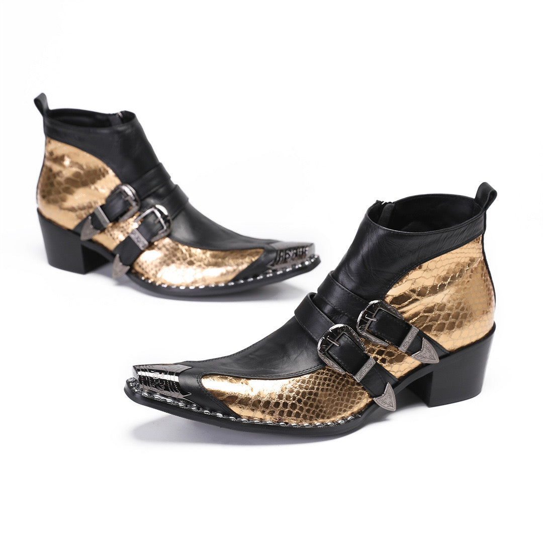 Gold sequined high-heeled ankle boots for men party boots
