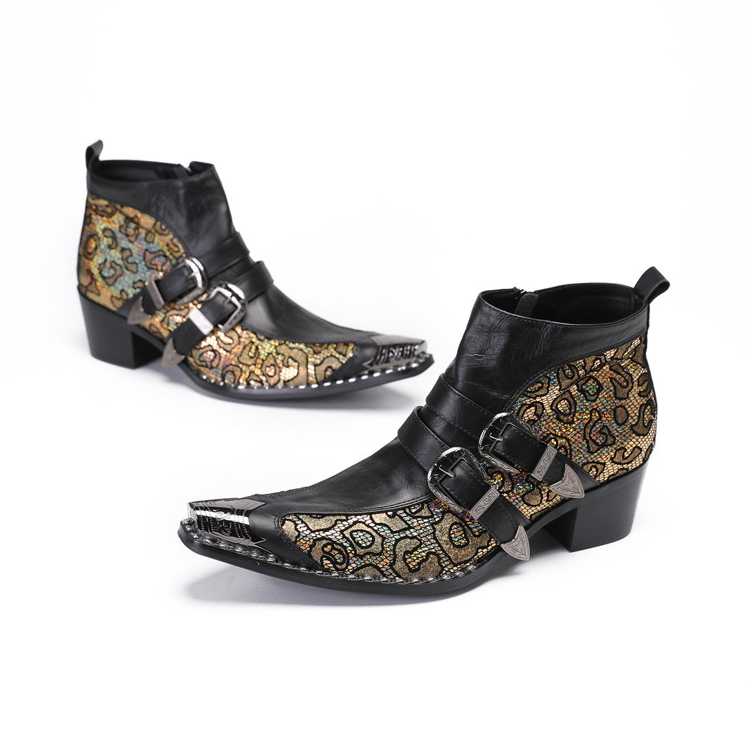 Gold sequined high-heeled ankle boots for men party boots