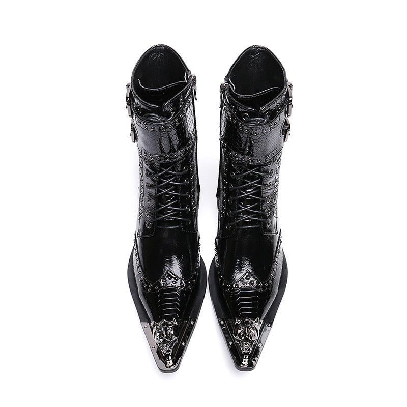 Black fashion patchwork leather motorcycle high-heeled boots