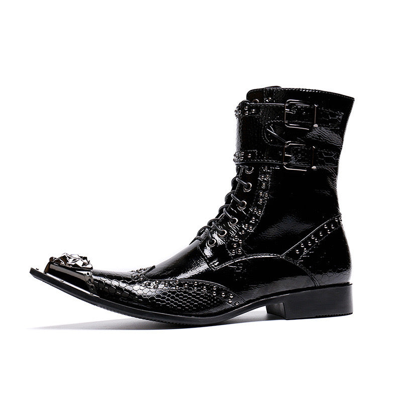Black fashion patchwork leather motorcycle high-heeled boots