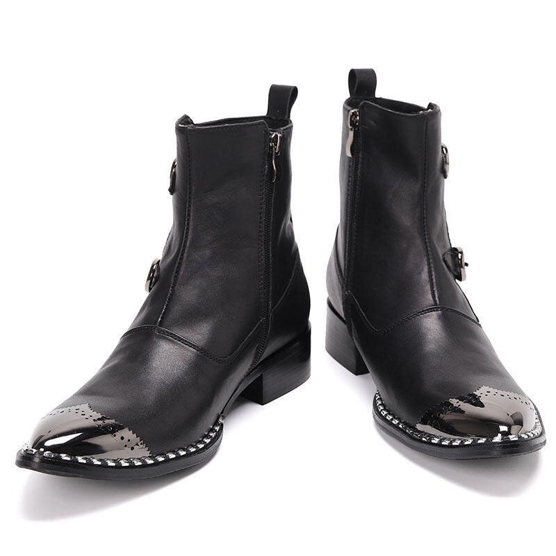 Black Genuine Leather Motorcycle Boots Heels Party Mens boots