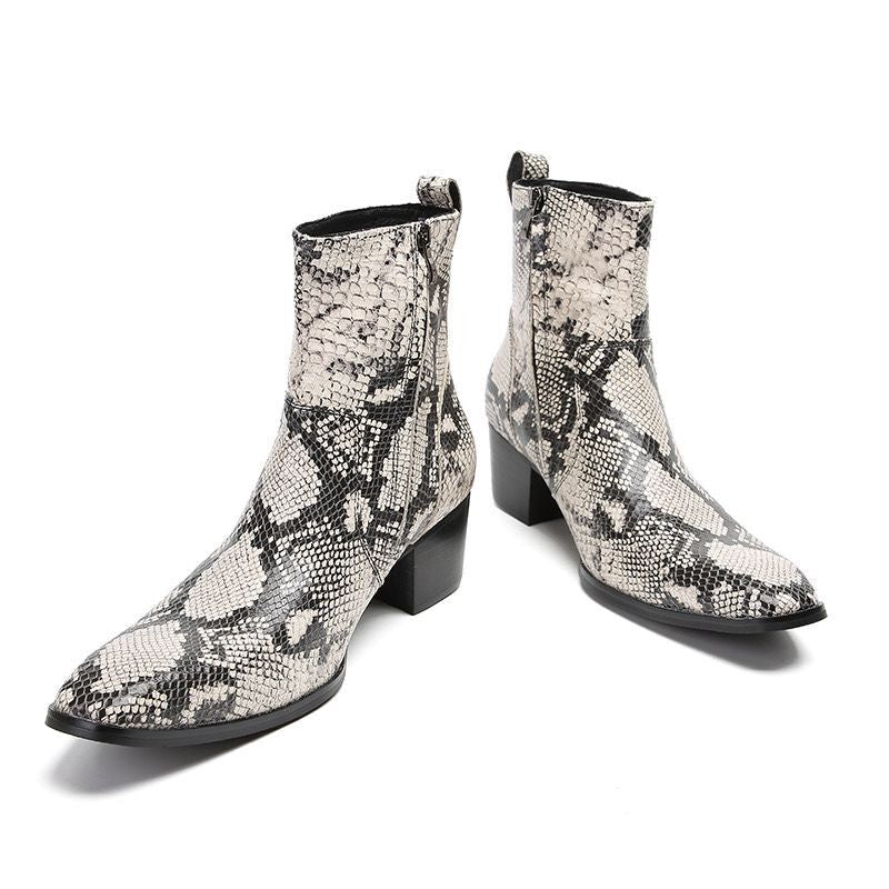 Fashion snake patterned leather long boots for men's motorcycle boots