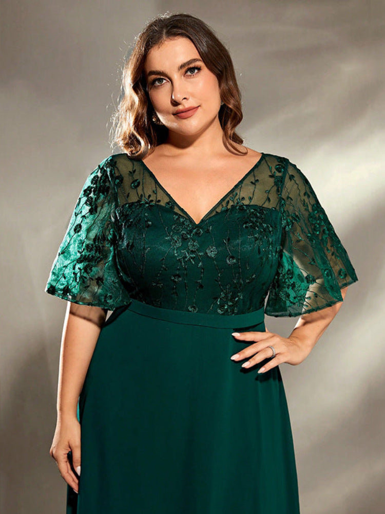 Green plus lace embroidered V-neck dress