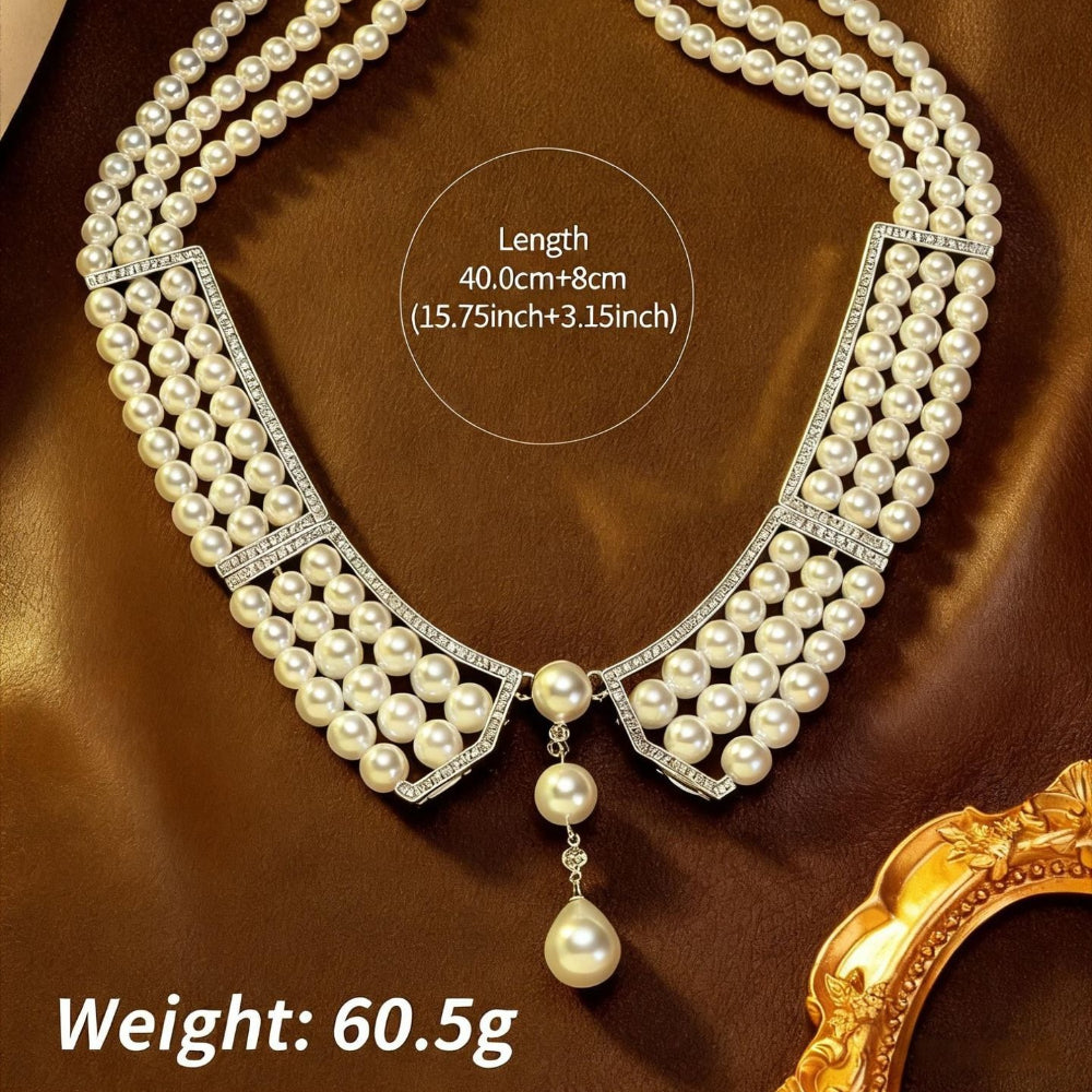 Collier multi-rangs de perles serti de diamants, style antique et tendance