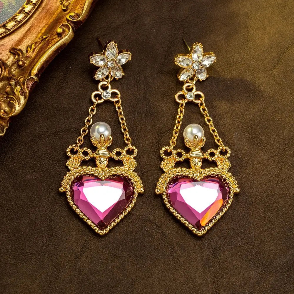 Boucles d'oreilles pendantes de luxe en cristal cœur rose et perles pour femmes