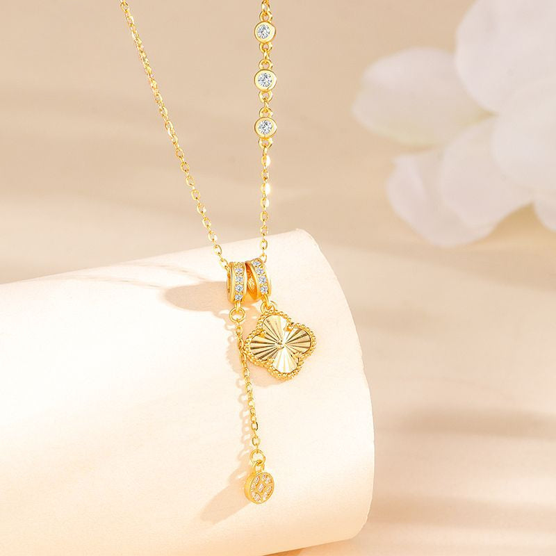 S925 Sterling Silver Lucky Clover Asymmetrical Necklace