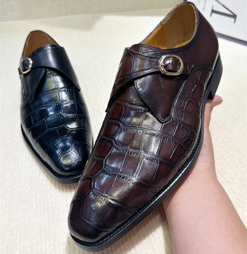 Crocodile embossed buckle business dress men's monk shoes
