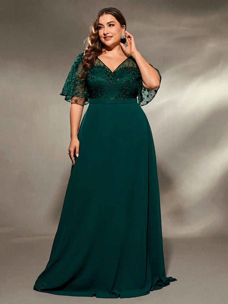 Green plus lace embroidered V-neck dress