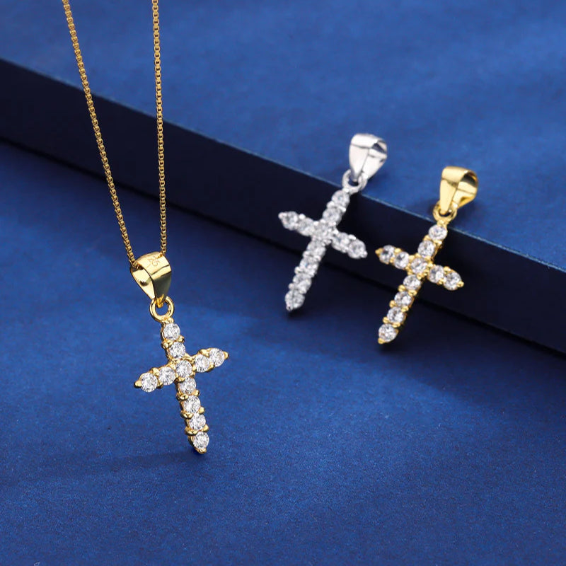 S925 sterling silver diamond inlaid simple cross pendant necklace