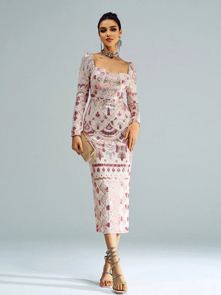 Square neck sequined sexy long-sleeved dress