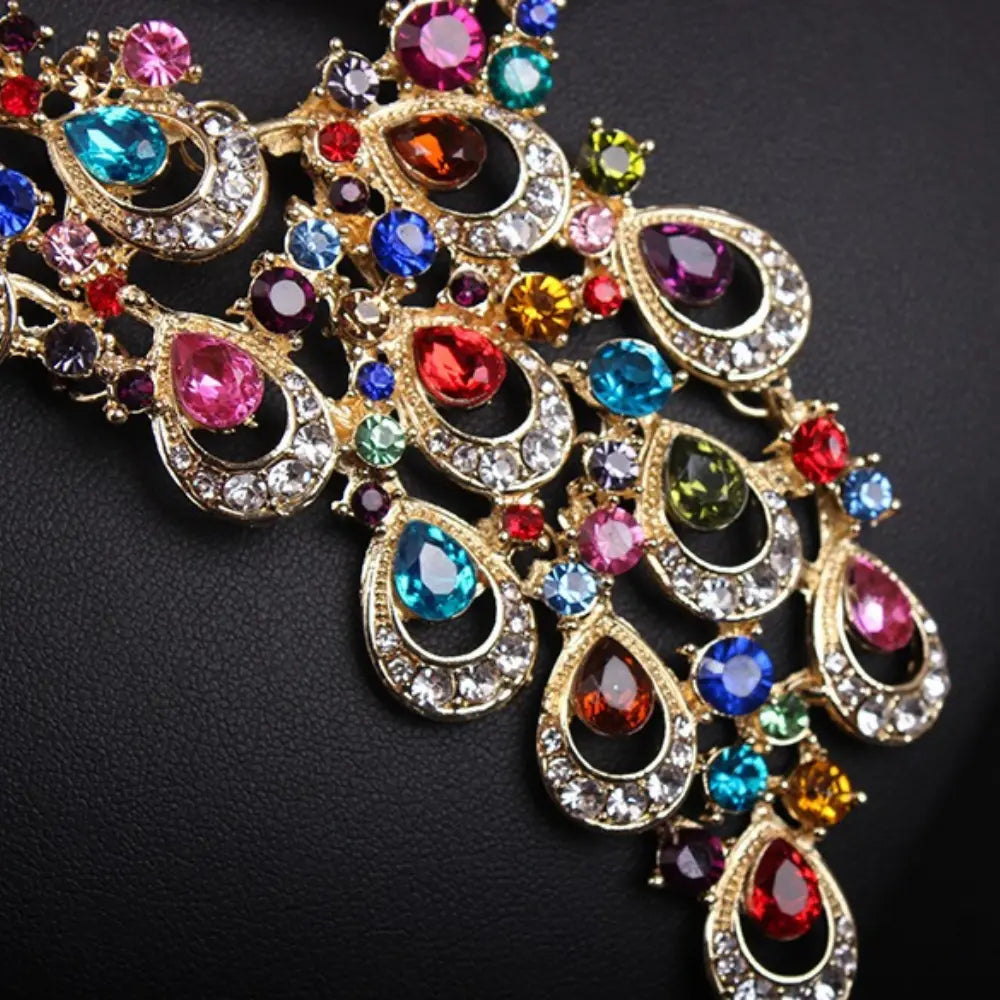 Luxury Multicolor Crystal Peacock Necklace and Earrings Jewelry Set