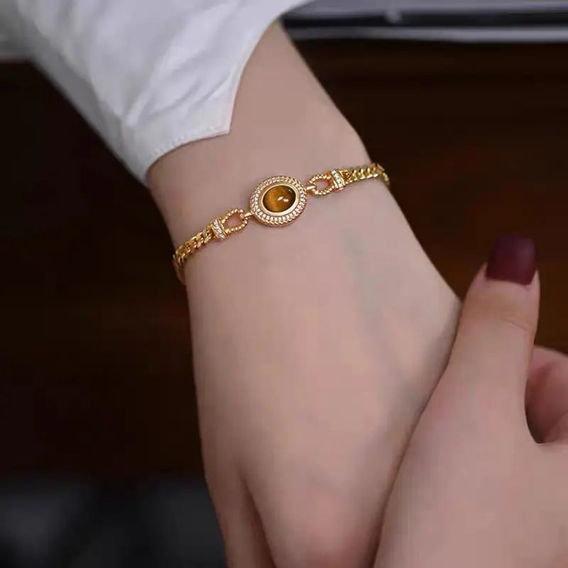Bracelet rétro en argent sterling S925 Œil de tigre