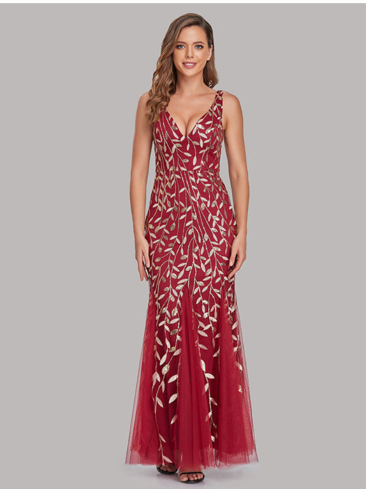 Sexy ärmelloses, besticktes Slim-Fit-Kleid mit V-Ausschnitt