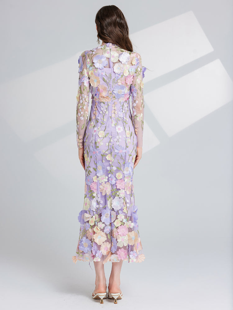 French three-dimensional embroidery long sleeved dress