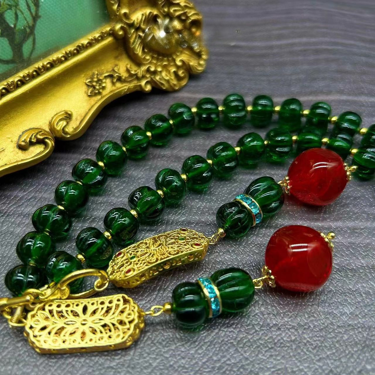 New Chinese retro glazed pumpkin beads emerald, double stacked fringed necklace