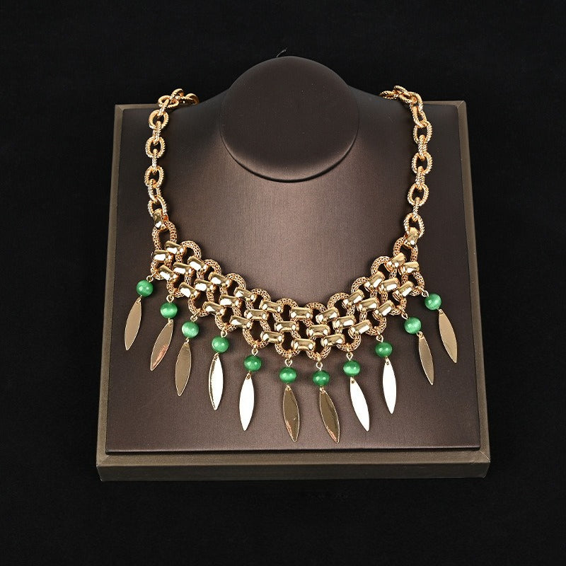Green Glazed Hollow Opal Necklace and Earrings Set