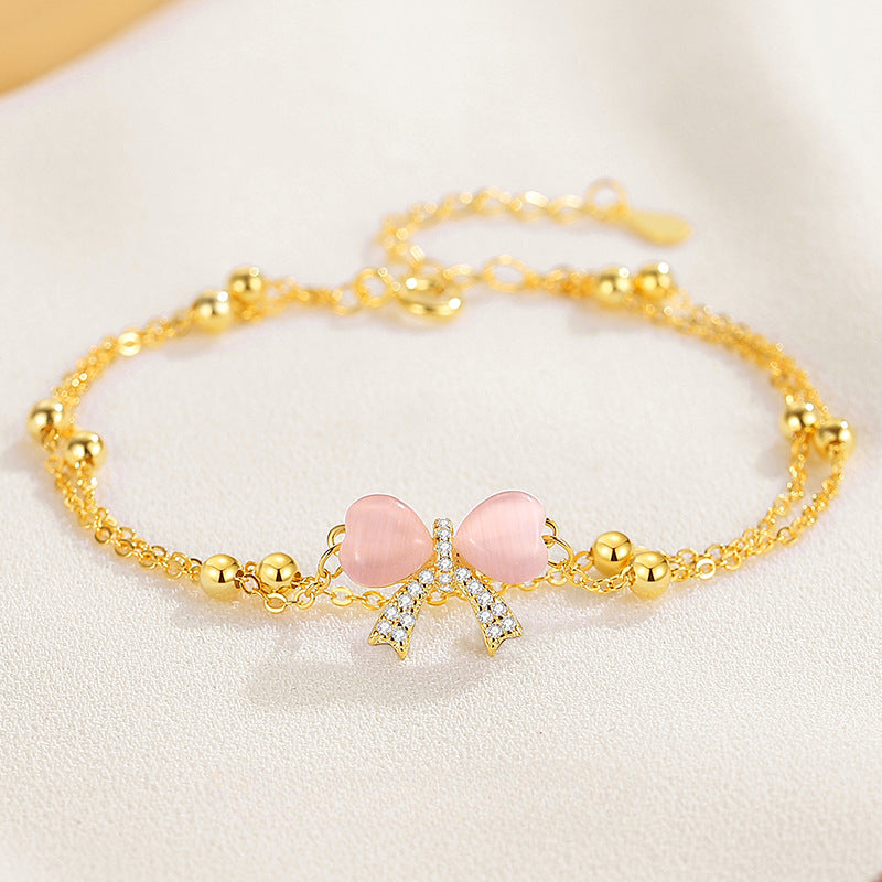 S925 Silver Bow Love Double Layer Bracelet