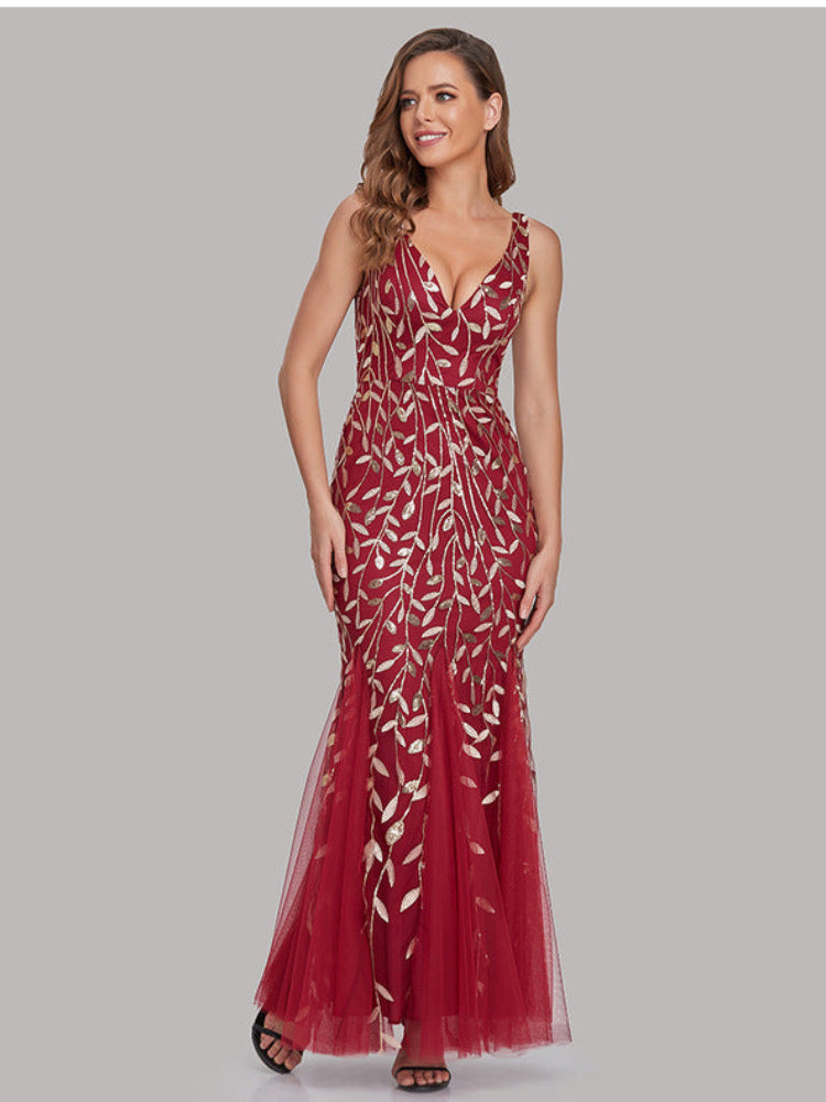 Sexy ärmelloses, besticktes Slim-Fit-Kleid mit V-Ausschnitt