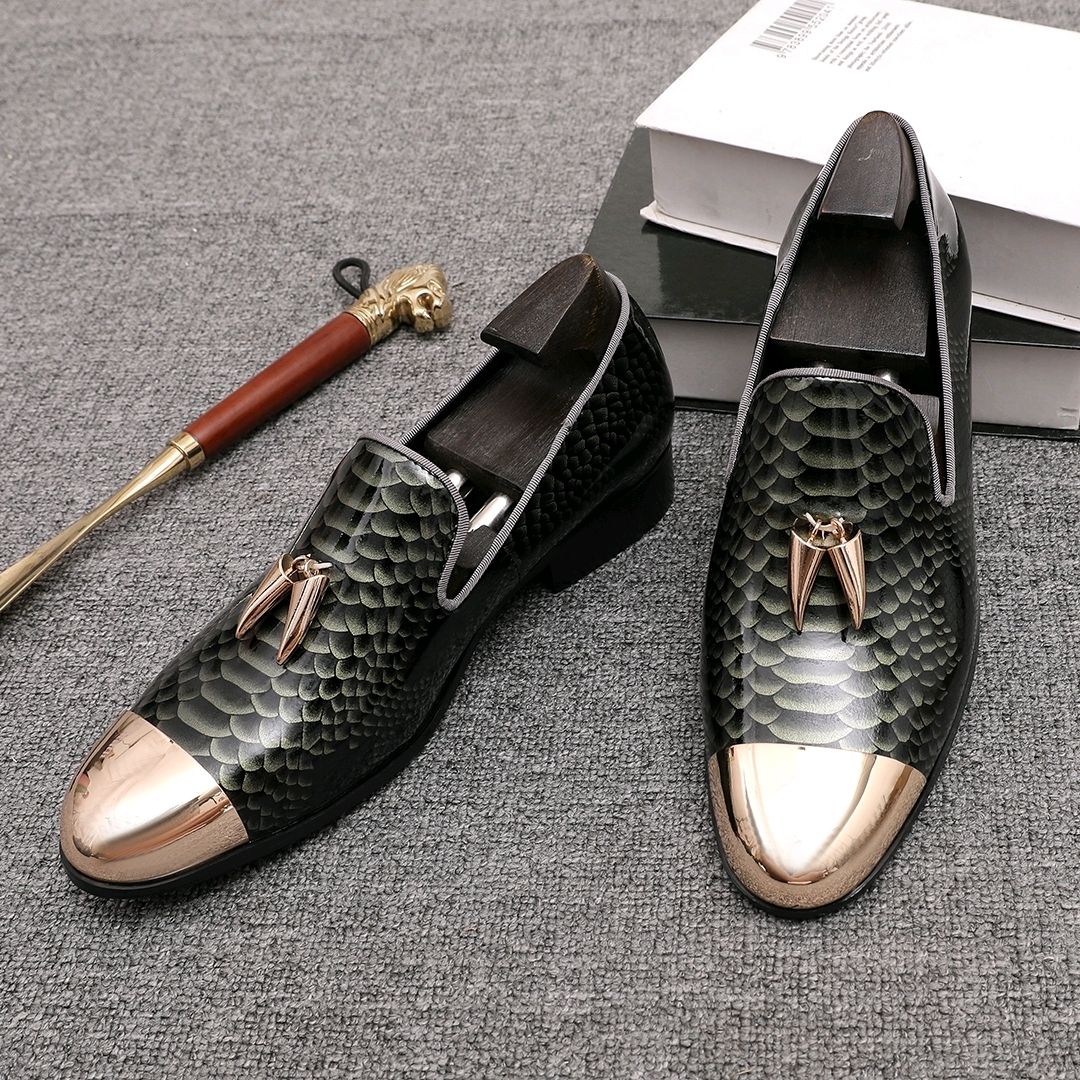 Original schlange loafer männer metall runde kopf retro leder schuhe