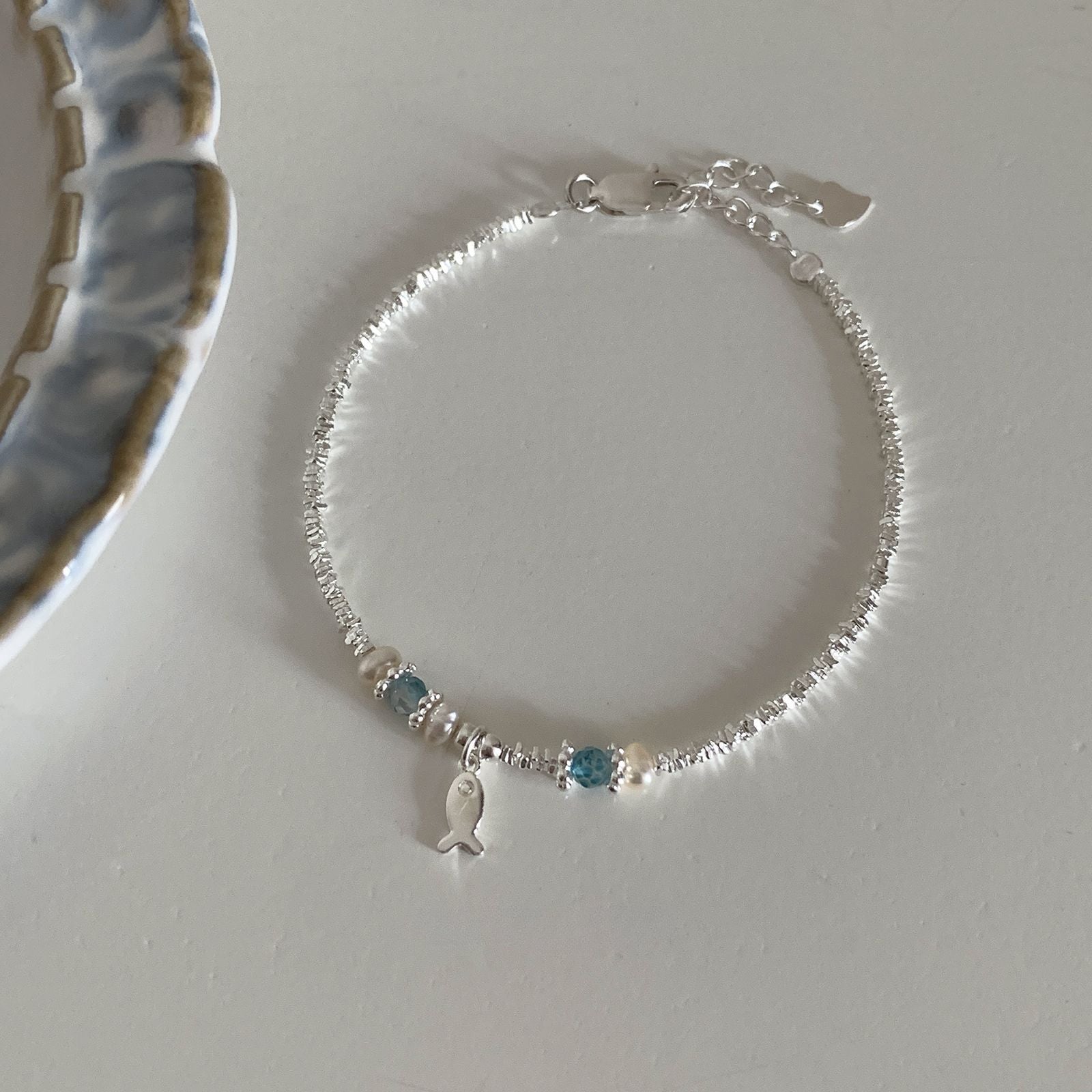 S925 silver blue crystal fish bracelet