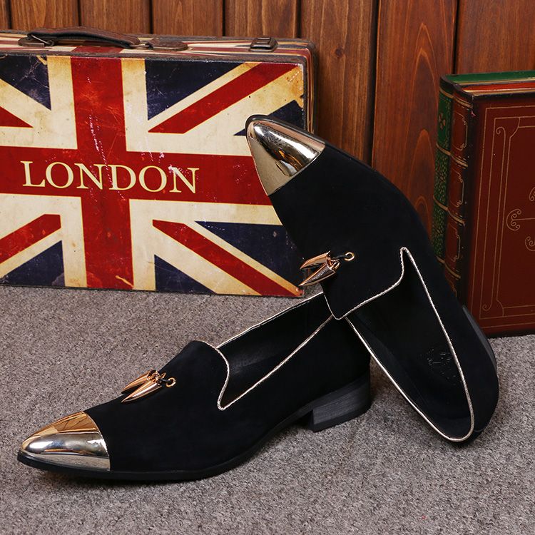 Fashion tassel anti-velvet loafers black pointed men's leather shoes