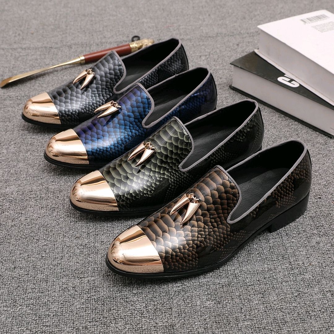 Original schlange loafer männer metall runde kopf retro leder schuhe
