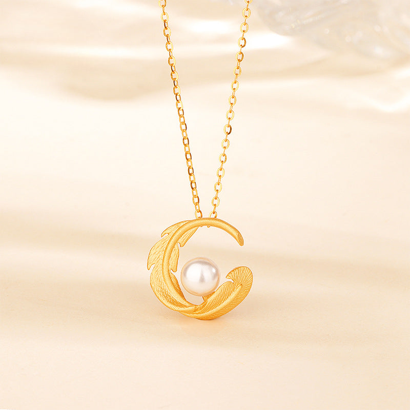 S925 Sterling Silver Gold Plated Feather Pearl Necklace
