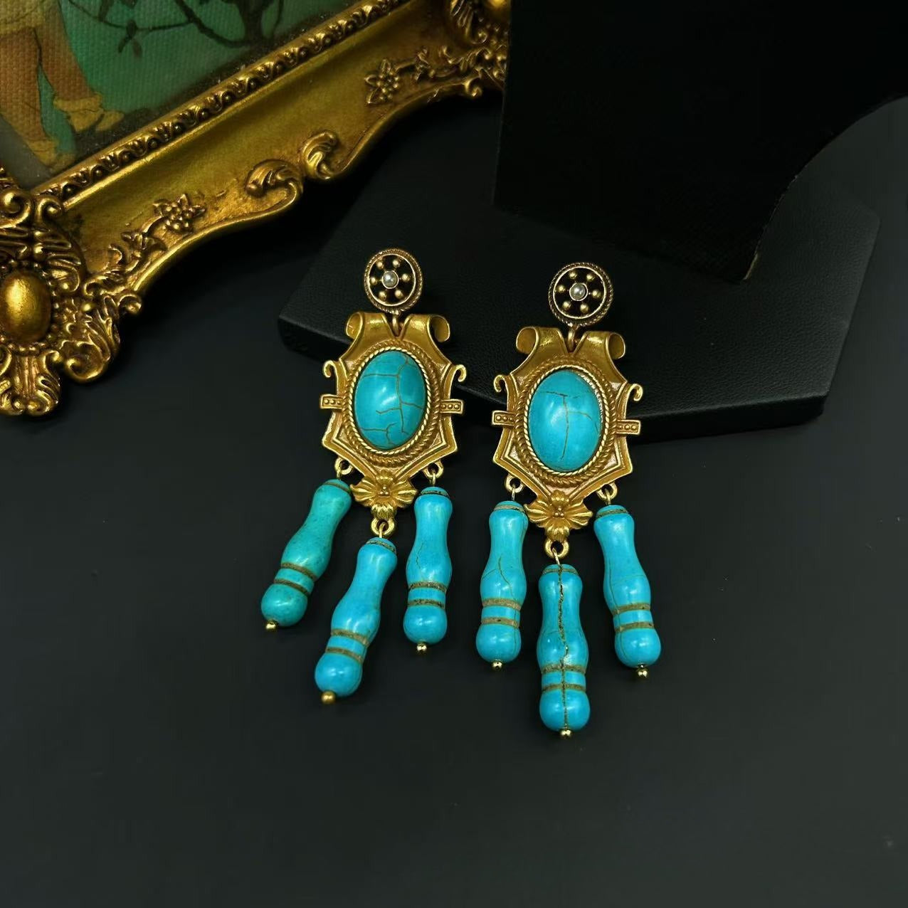 Vintage Tassel Turquoise Beaded Necklace Set