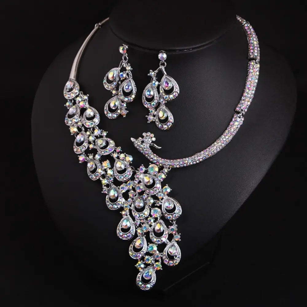Luxury Multicolor Crystal Peacock Necklace and Earrings Jewelry Set