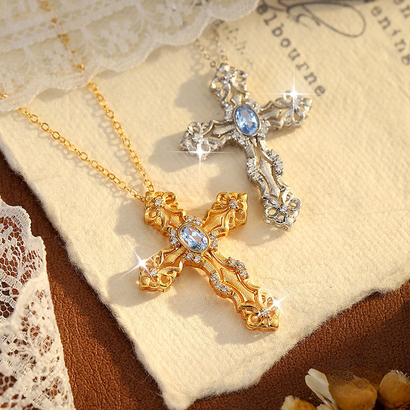 S925 Sterling Silver Colored Crystal Cross Necklace